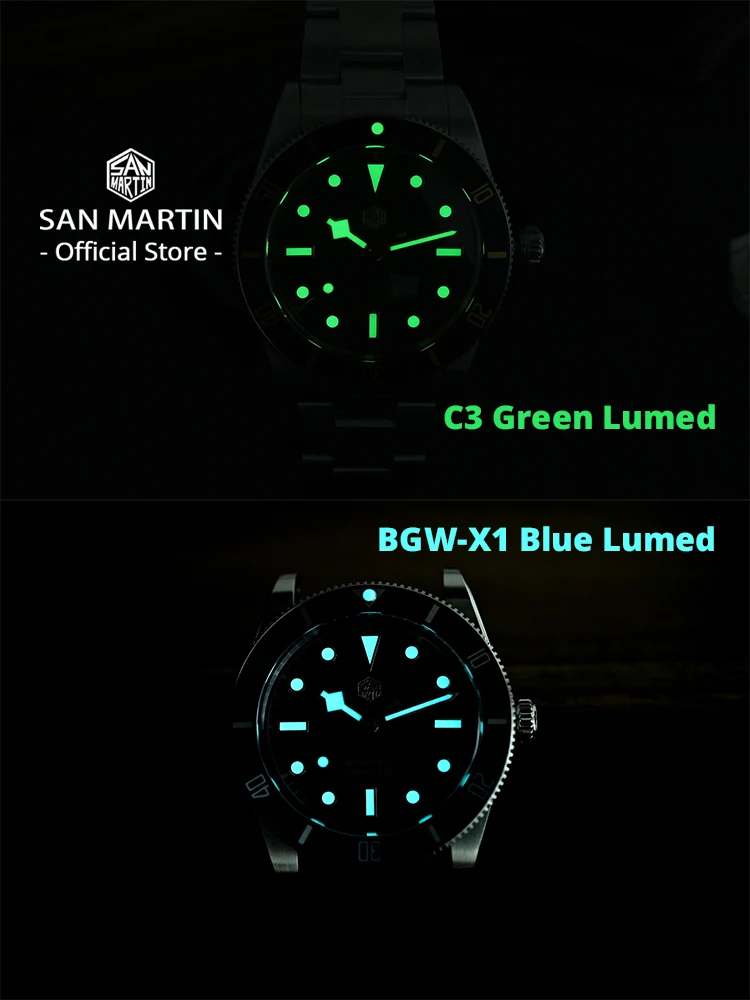 High-visibility luminous dial with green and blue glow for underwater and low-light conditions.