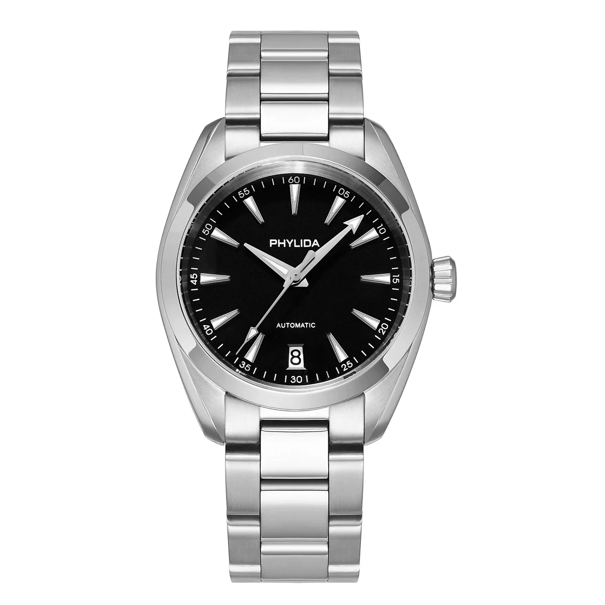 Elegant men's automatic wristwatch with black dial and stainless steel band.