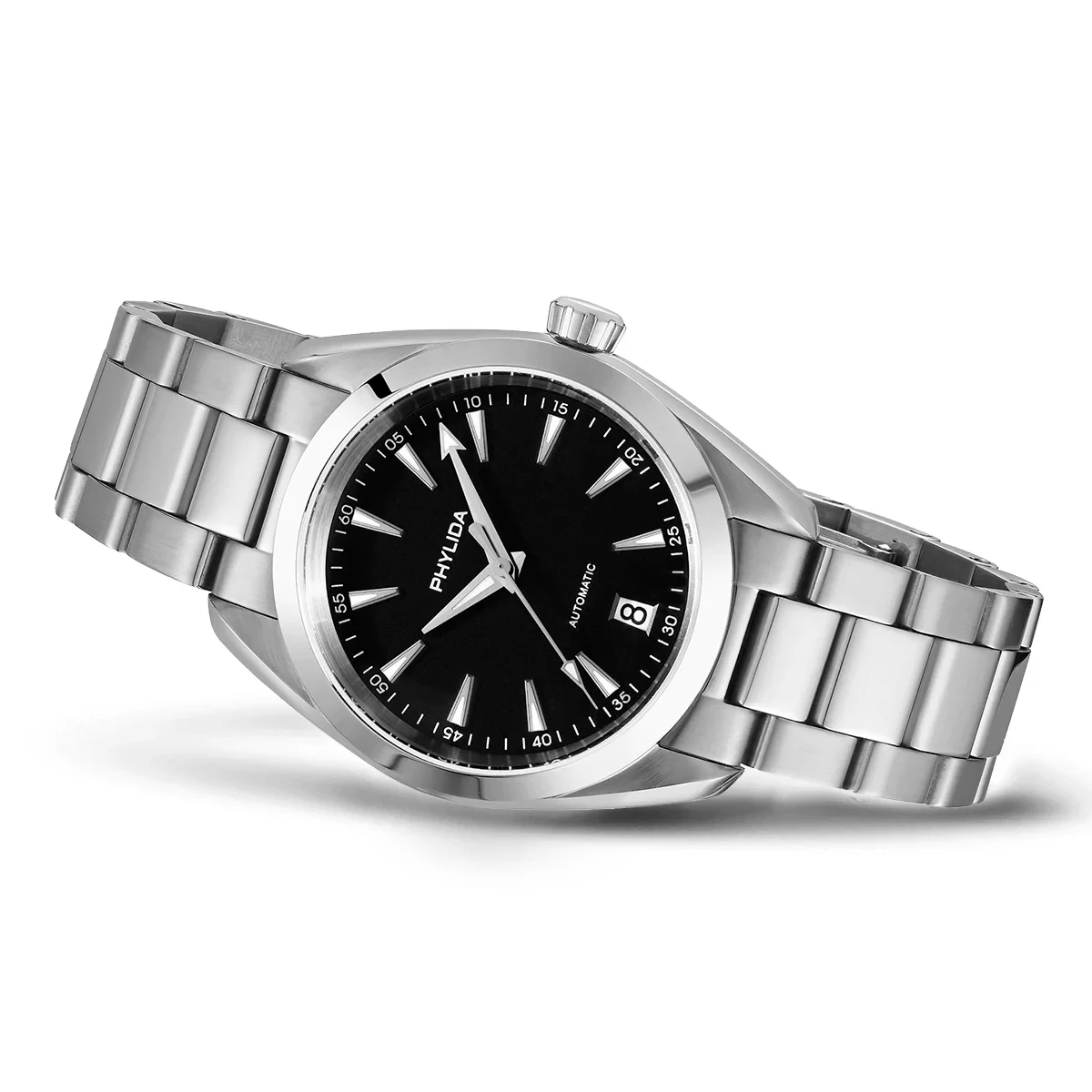 Automatic men's wristwatch with black dial and stainless steel band.