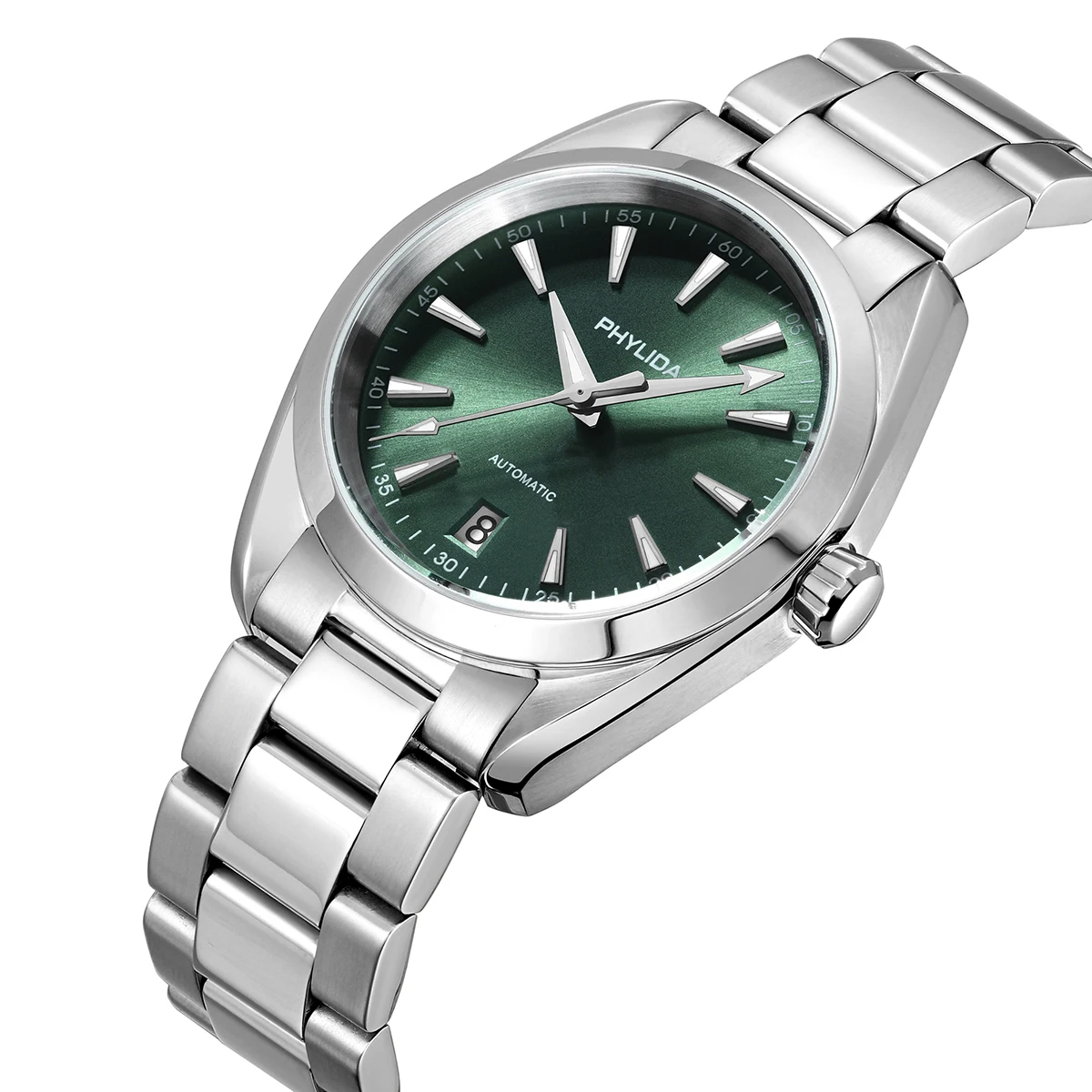 Elegant Laurel Green dial men's automatic wristwatch with stainless steel band.