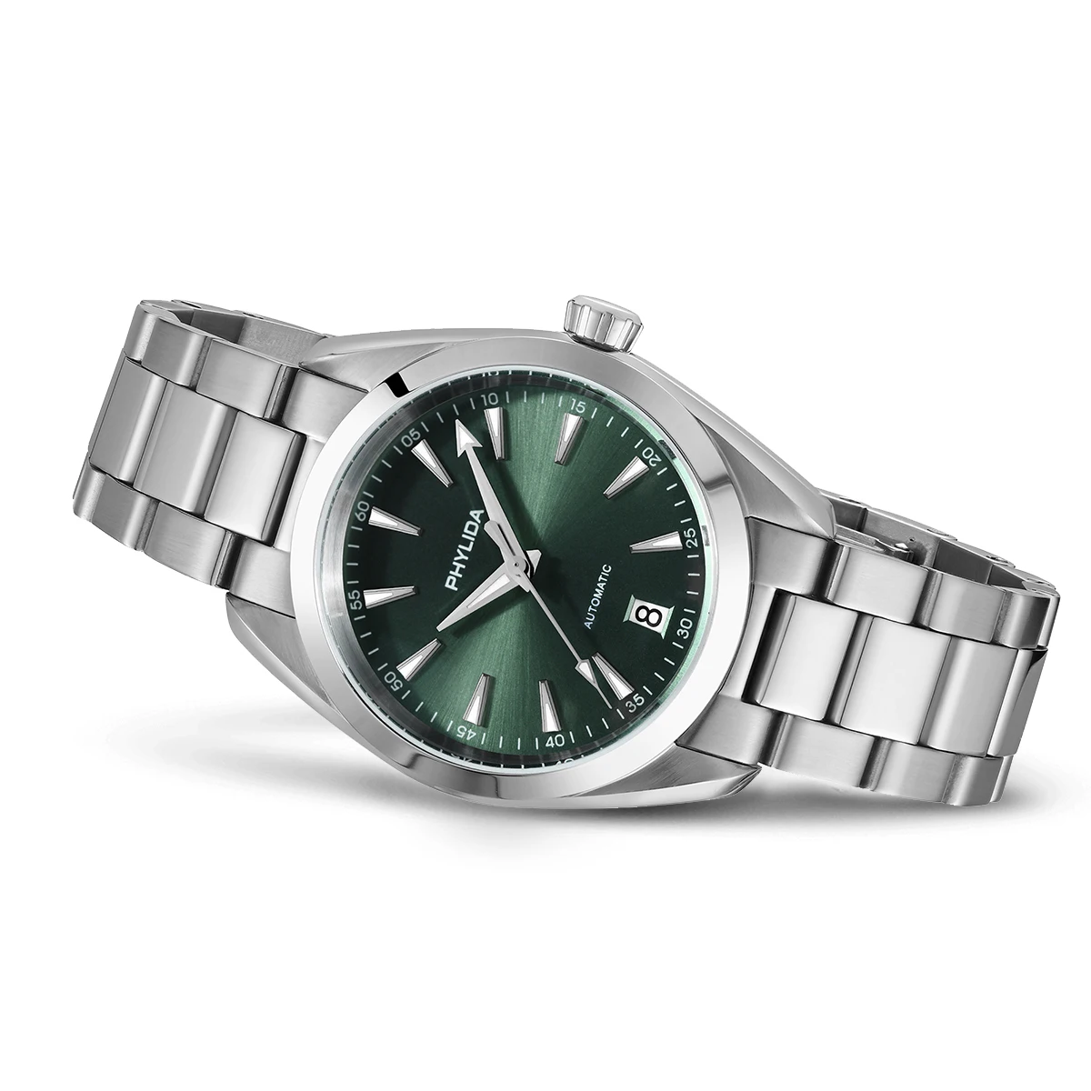 Automatic men's wristwatch with green dial and stainless steel band.