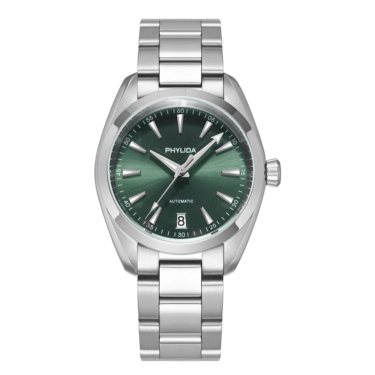 Automatic men's wristwatch with green dial and stainless steel band.