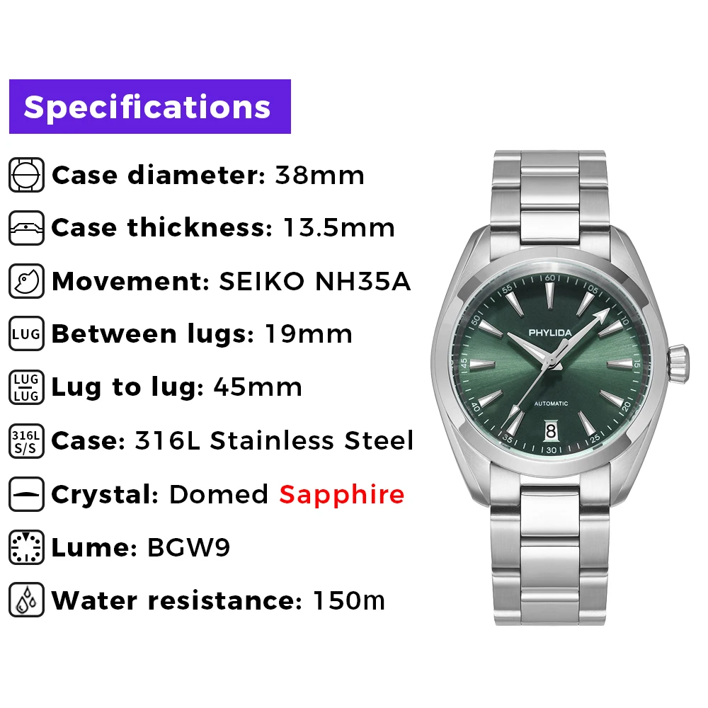 Elegant green dial men's automatic wristwatch with sapphire crystal and 150m water resistance.