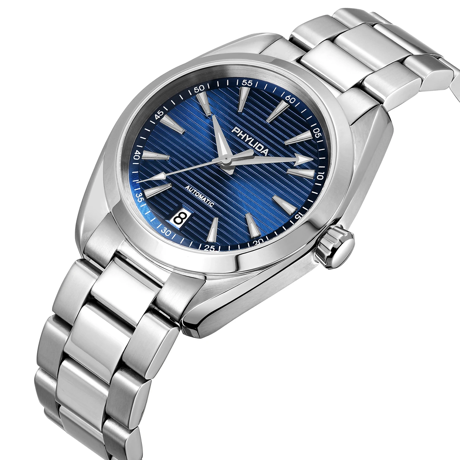 Men's automatic watch with blue dial and stainless steel band.