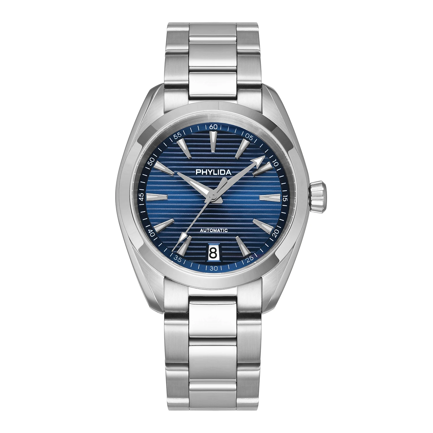 Elegant blue dial men's automatic watch with stainless steel band.