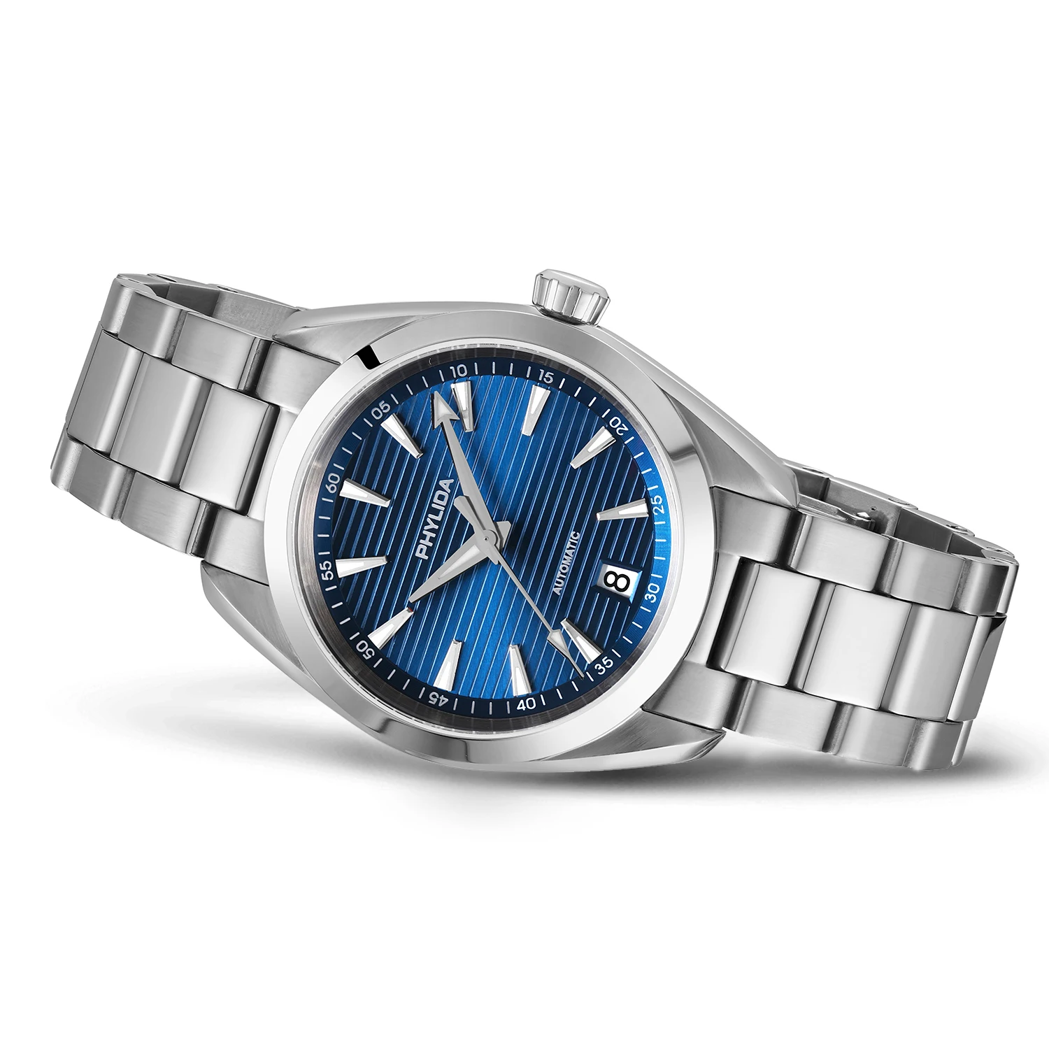 Automatic men's watch with blue dial and stainless steel band.