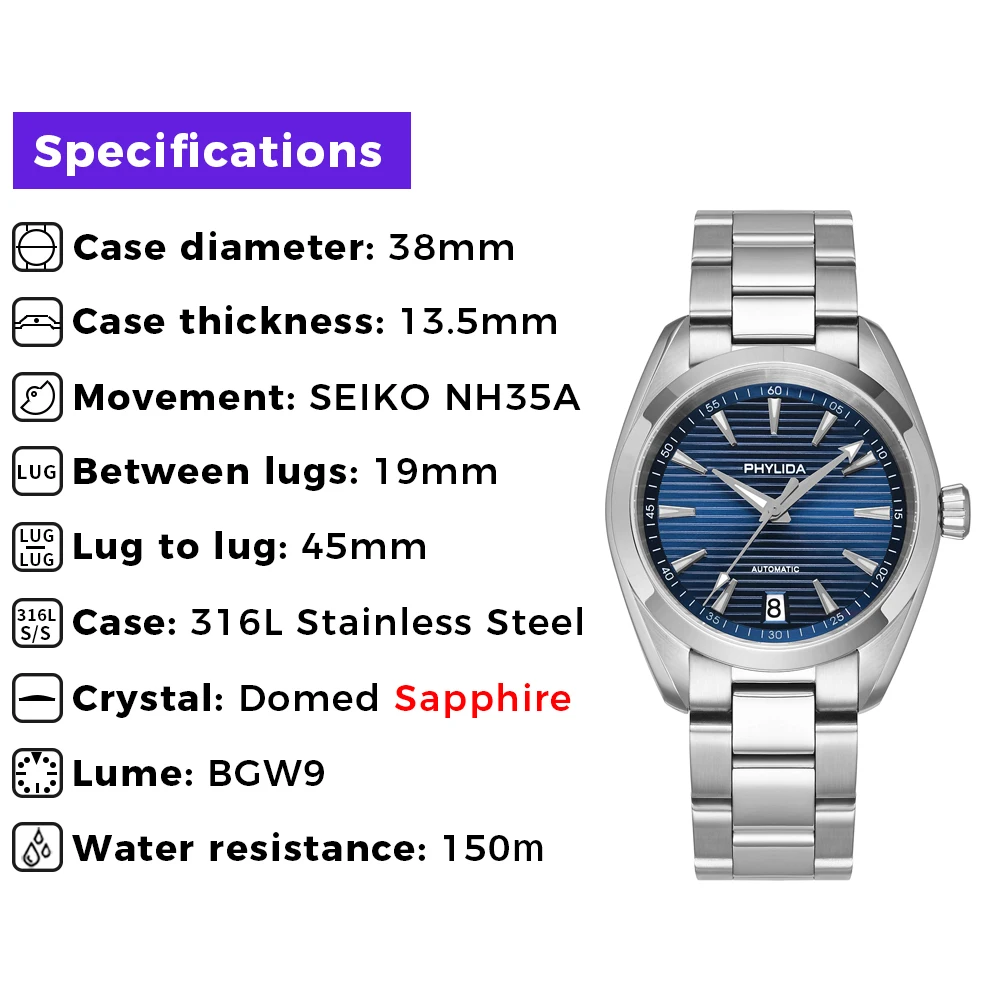 Men's Blue Dial Automatic Watch with NH35A Movement.