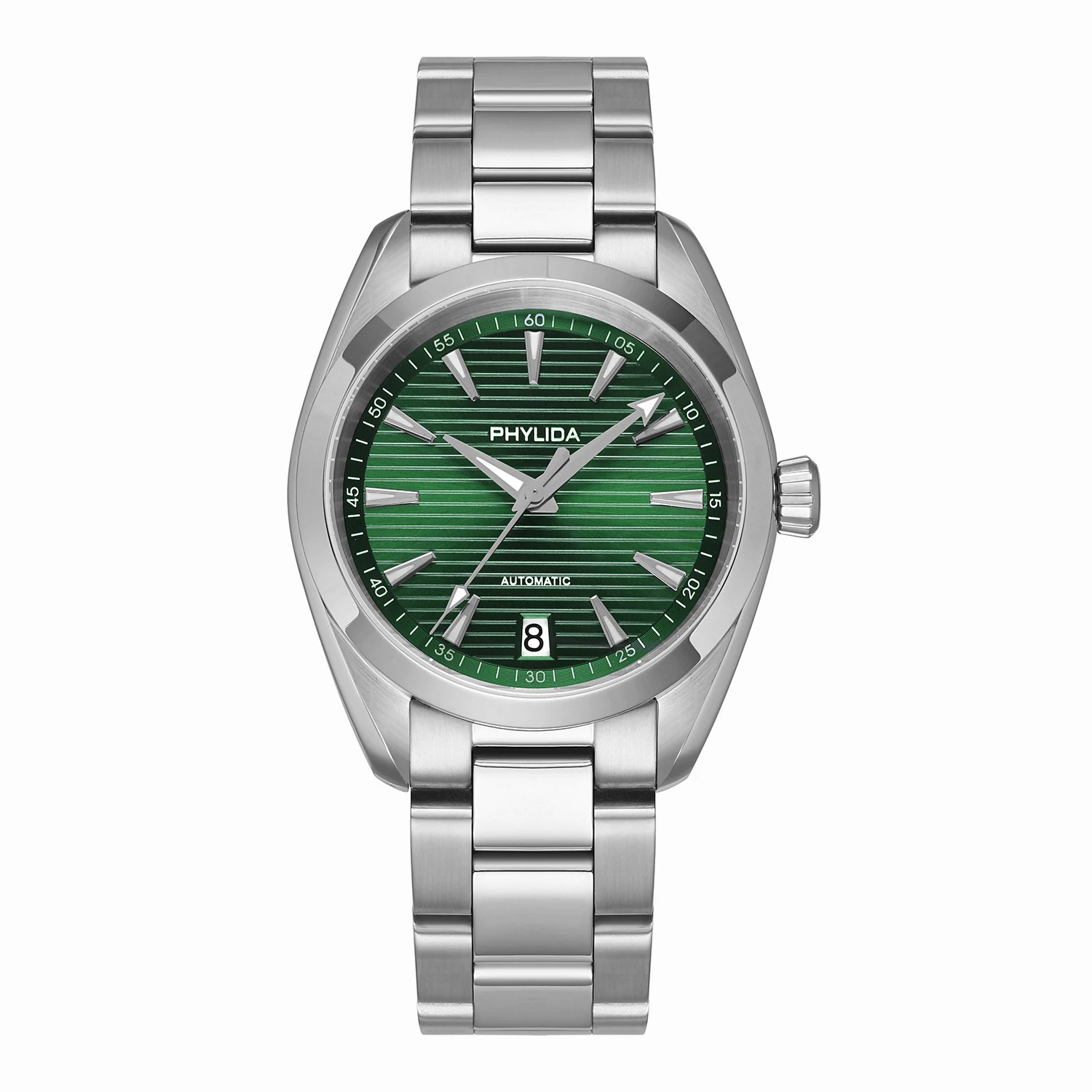 Men's automatic wristwatch with green dial and stainless steel band.