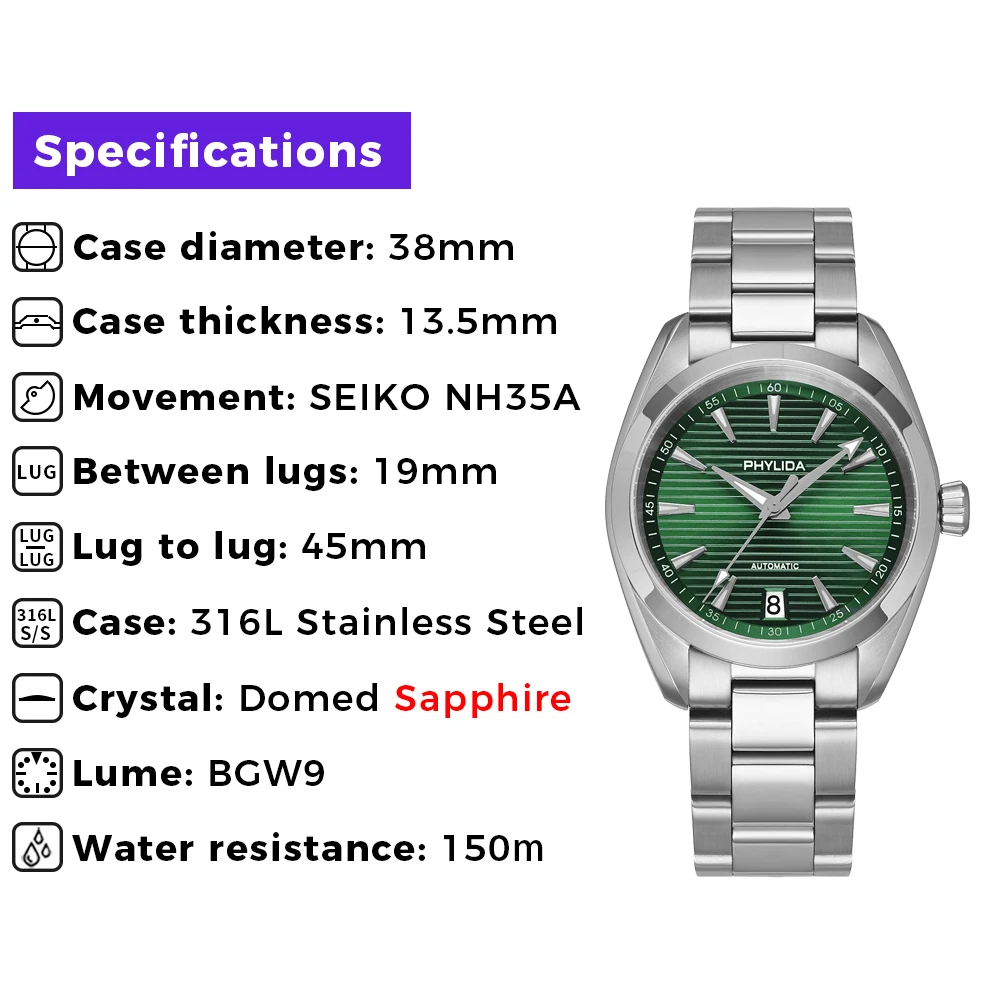 Men's Green AQUA Automatic Watch with Sapphire Crystal.
