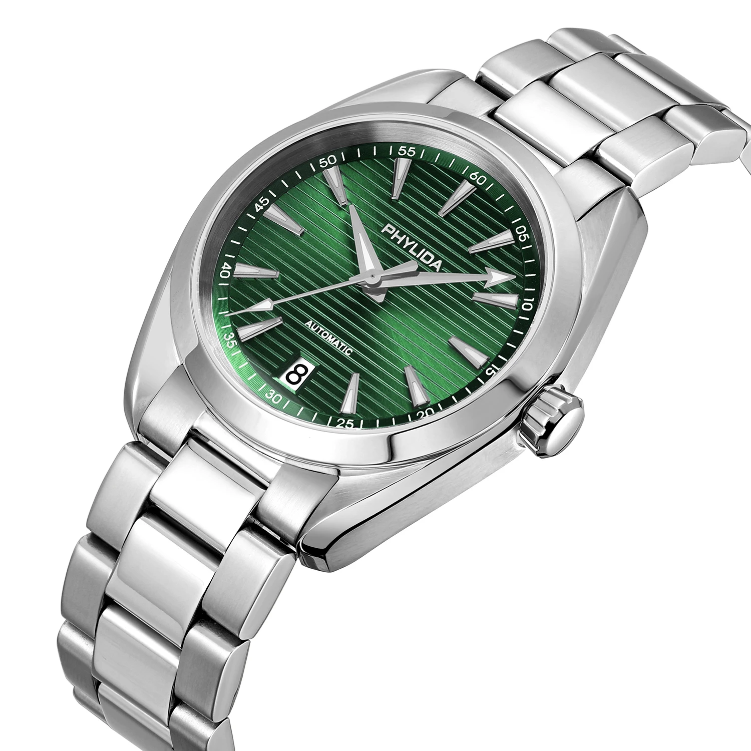 Men's green automatic wristwatch with stainless steel band and BGW9 dial.