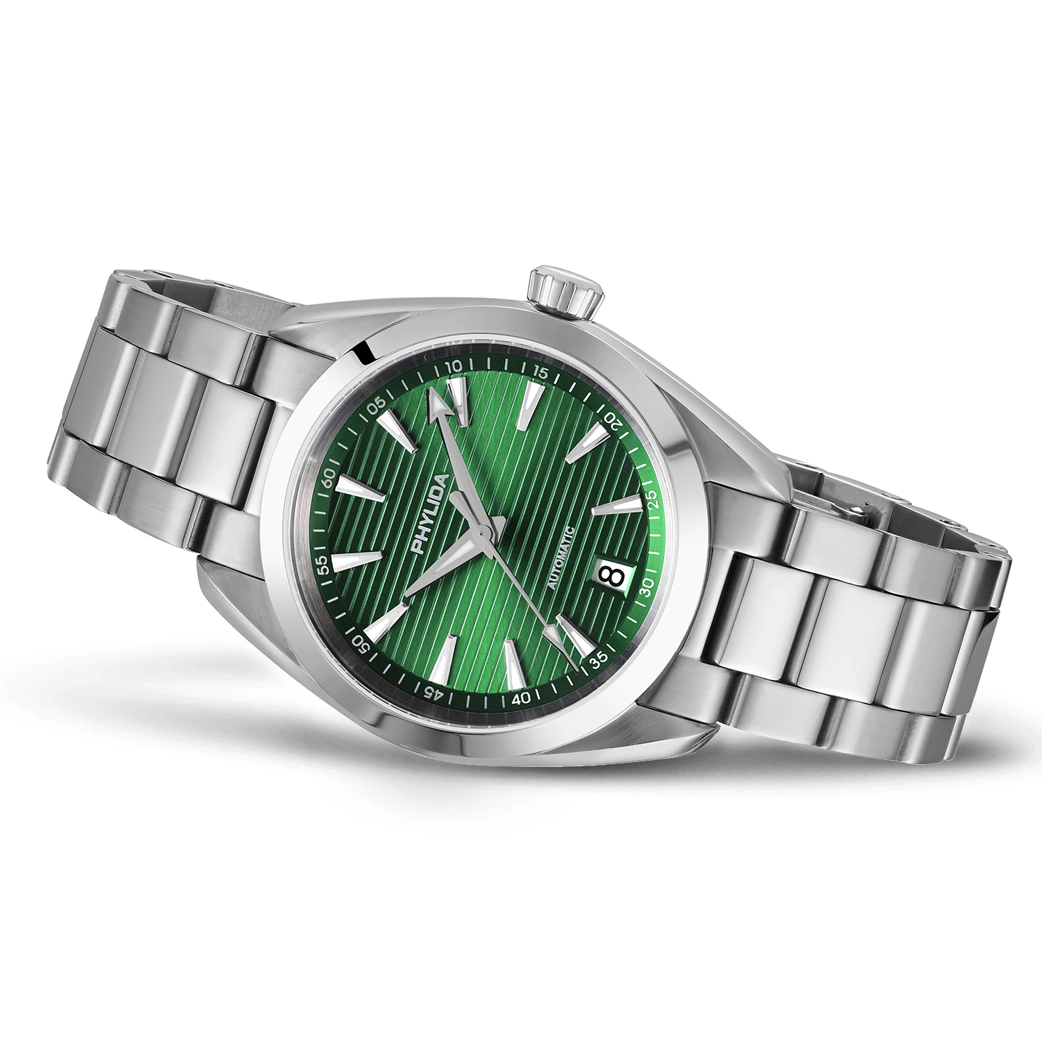 Men's green AQUA automatic wristwatch with stainless steel band and date display.