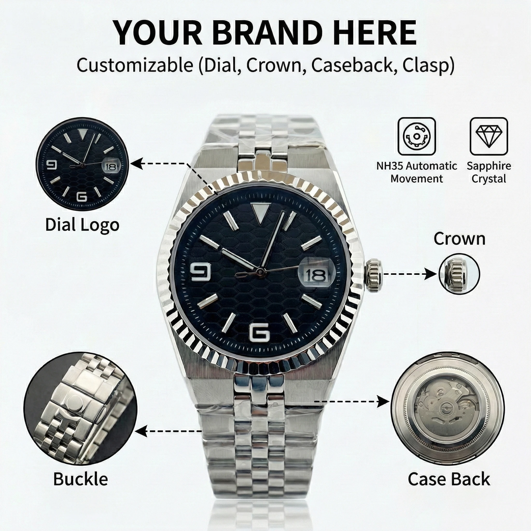 Men's automatic pilot watch with sapphire crystal and luminous dial.