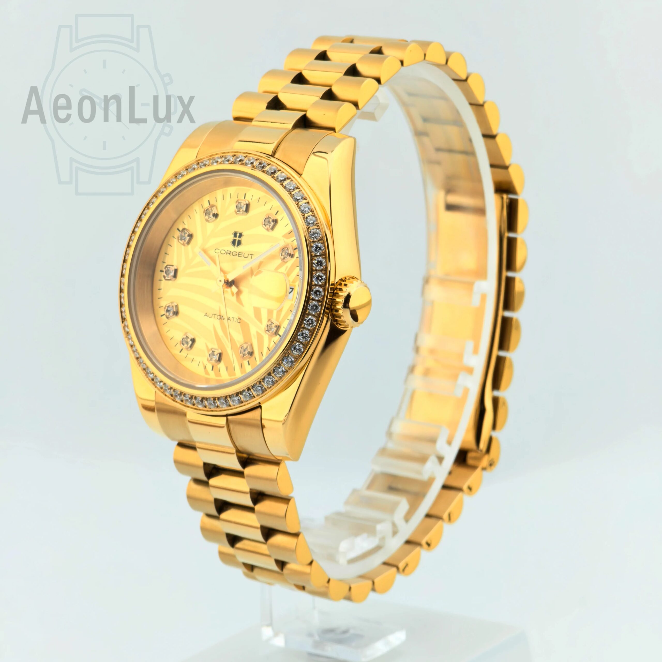 Men's high-end luxury business watch with diamond accents and sapphire glass.