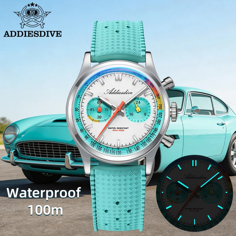 Men's waterproof chronograph watch with luminous dial and fluorocarbon rubber strap.