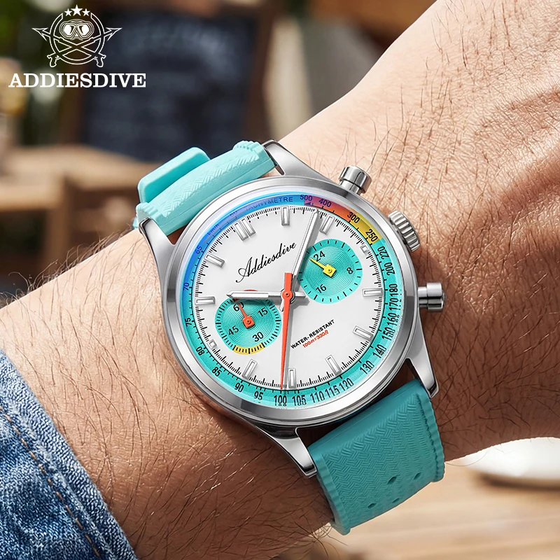 Men's chronograph watch with luminous fluorocarbon rubber strap.