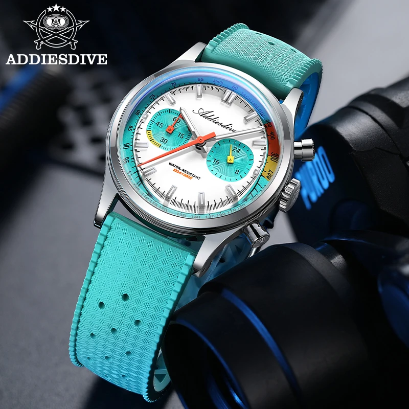 Men's colorful chronograph watch with luminous features and waterproof design.