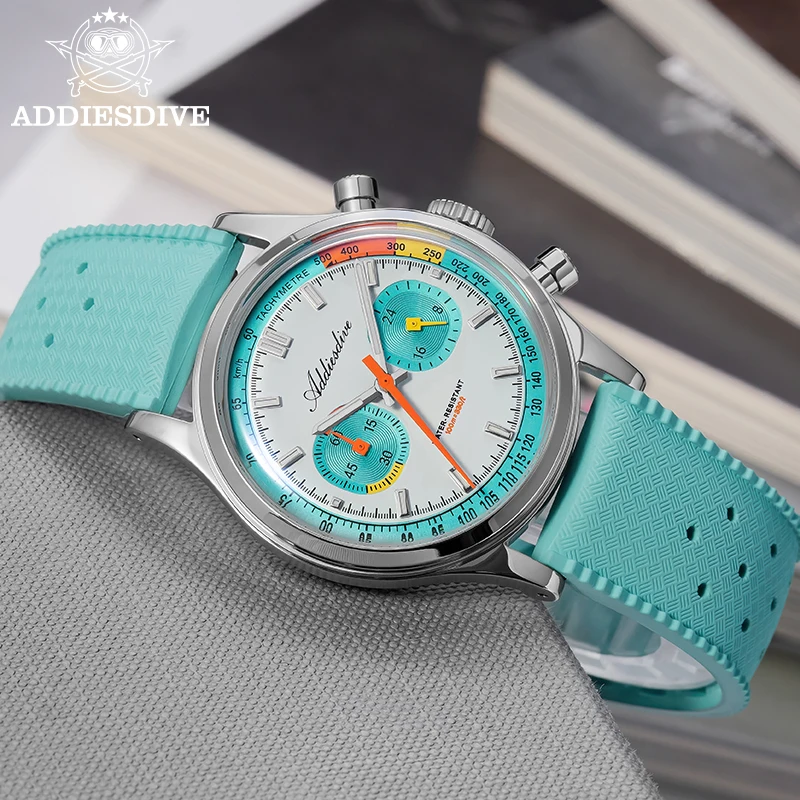 Men's sporty chronograph watch with luminous features and fluorocarbon rubber strap.