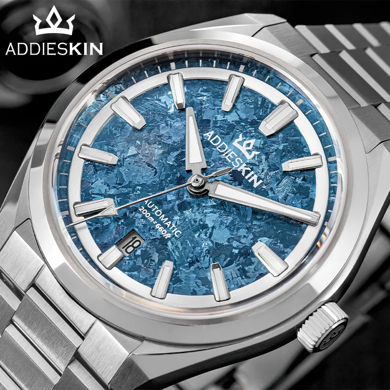 Elegant titanium men's watch with ice crystal dial and sapphire glass.