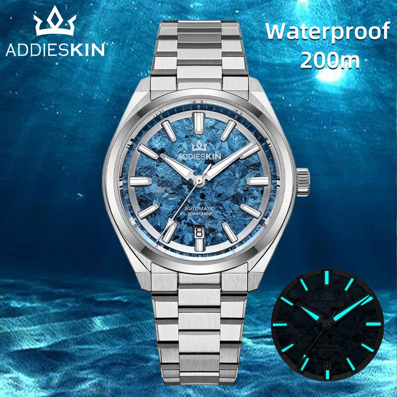 Elegant titanium men's watch with ice crystal dial and luminous hands.