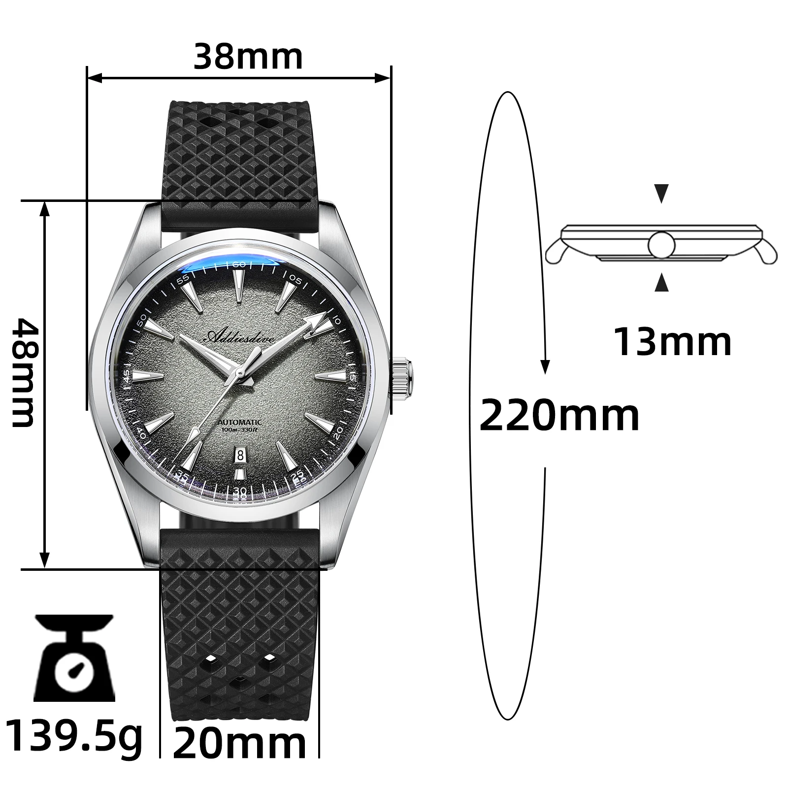 Men's waterproof mechanical watch with luminous hands and stainless steel case.