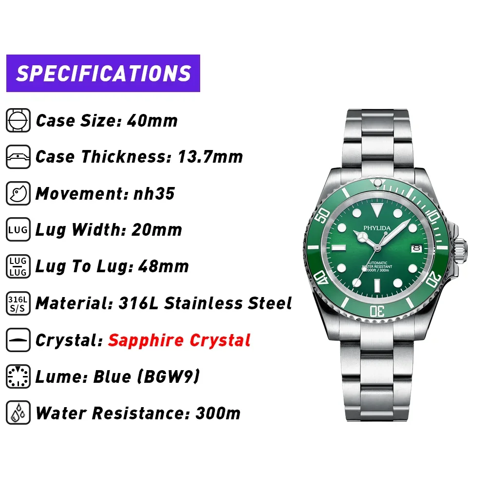 Men's green diver watch with 40mm stainless steel case and sapphire crystal lens.