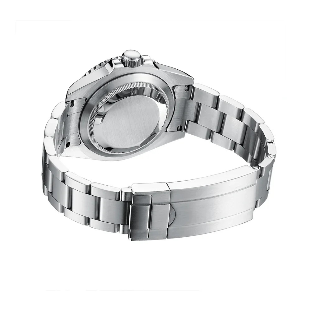 Men's green diver watch with stainless steel band and sapphire crystal.