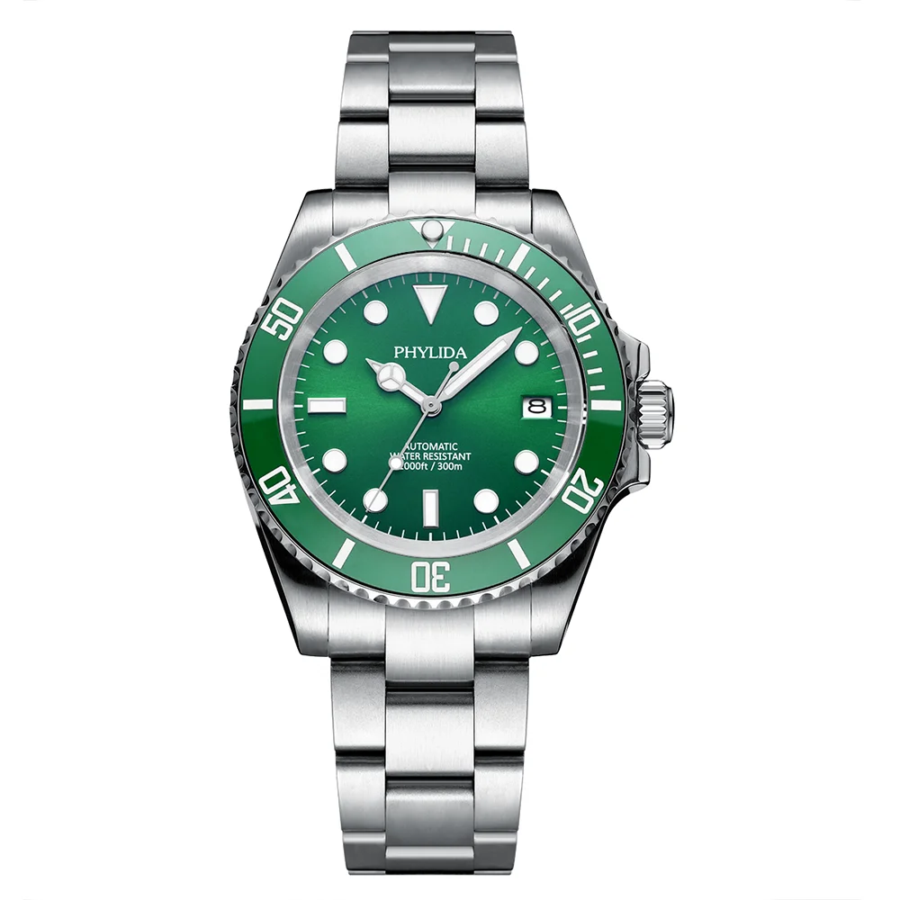 Diver watch with green dial, stainless steel band, sapphire crystal, and automatic NH35 movement.