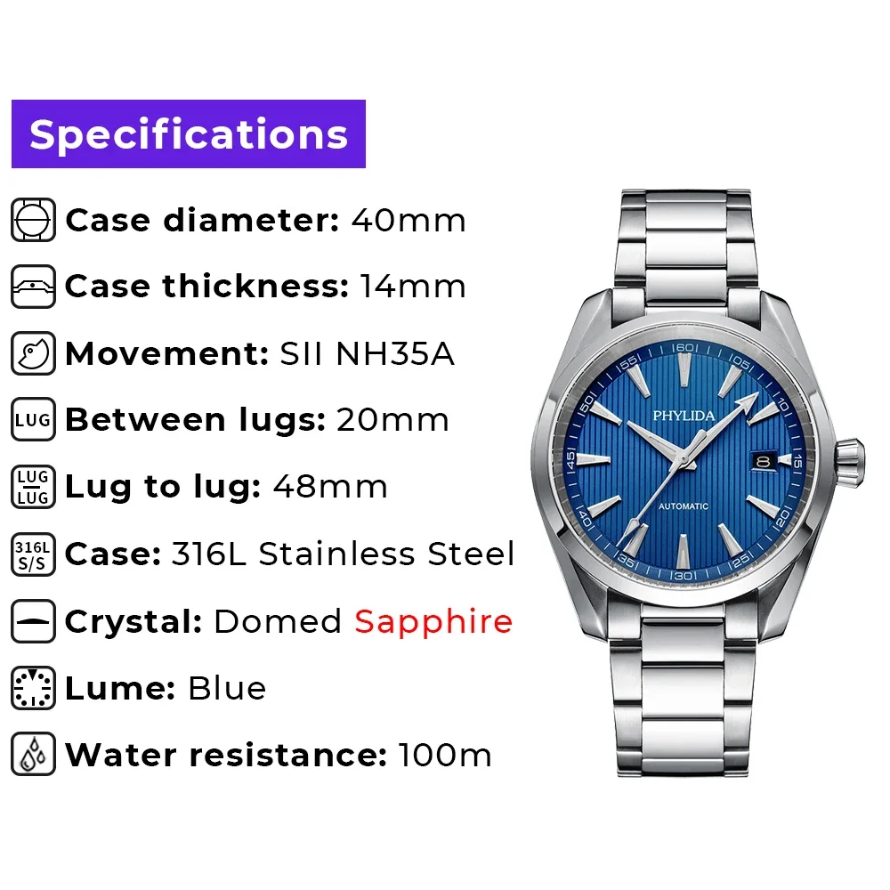 Automatic blue dial wristwatch with stainless steel case.