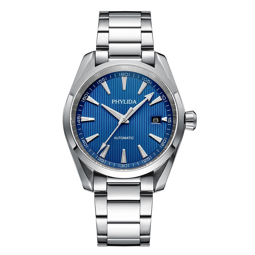 Automatic watch with blue dial and stainless steel bracelet.