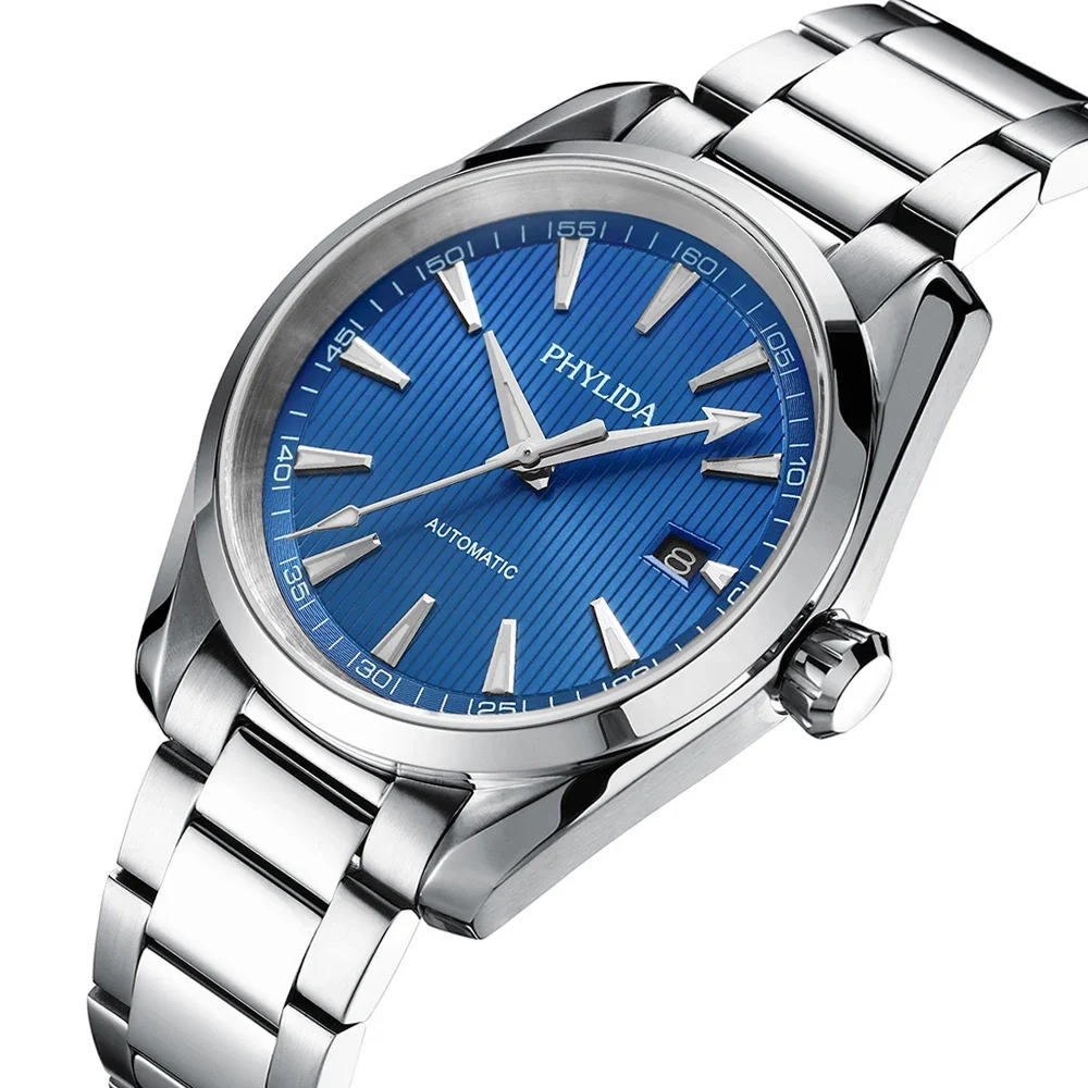 Automatic Blue Dial Wristwatch with Stainless Steel Band.