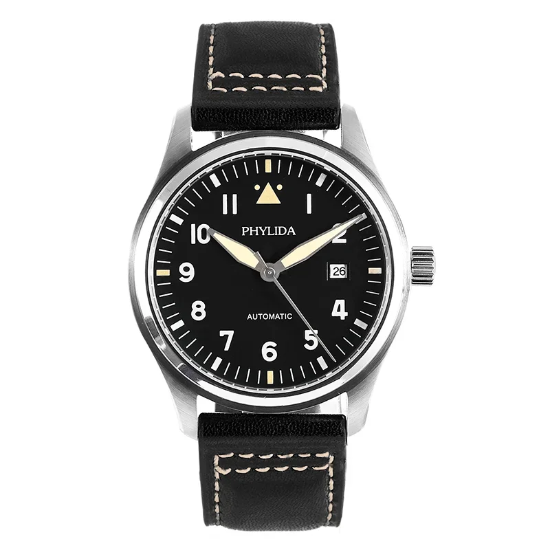 Men's Spitfire Pilot's Automatic Watch with black dial and leather strap.