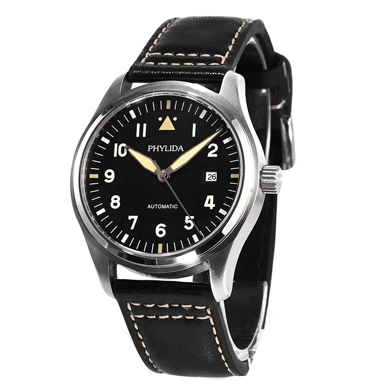 Elegant pilot’s watch with black dial and leather strap.