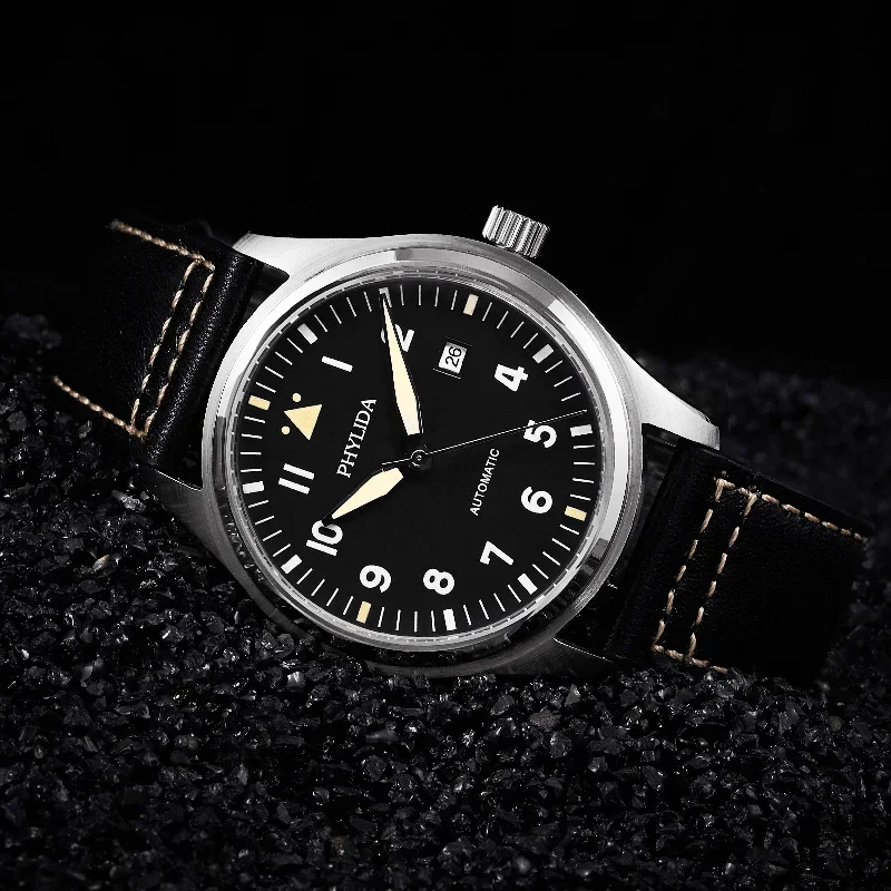 Men's Spitfire Pilot’s Automatic Watch with black dial and leather strap.