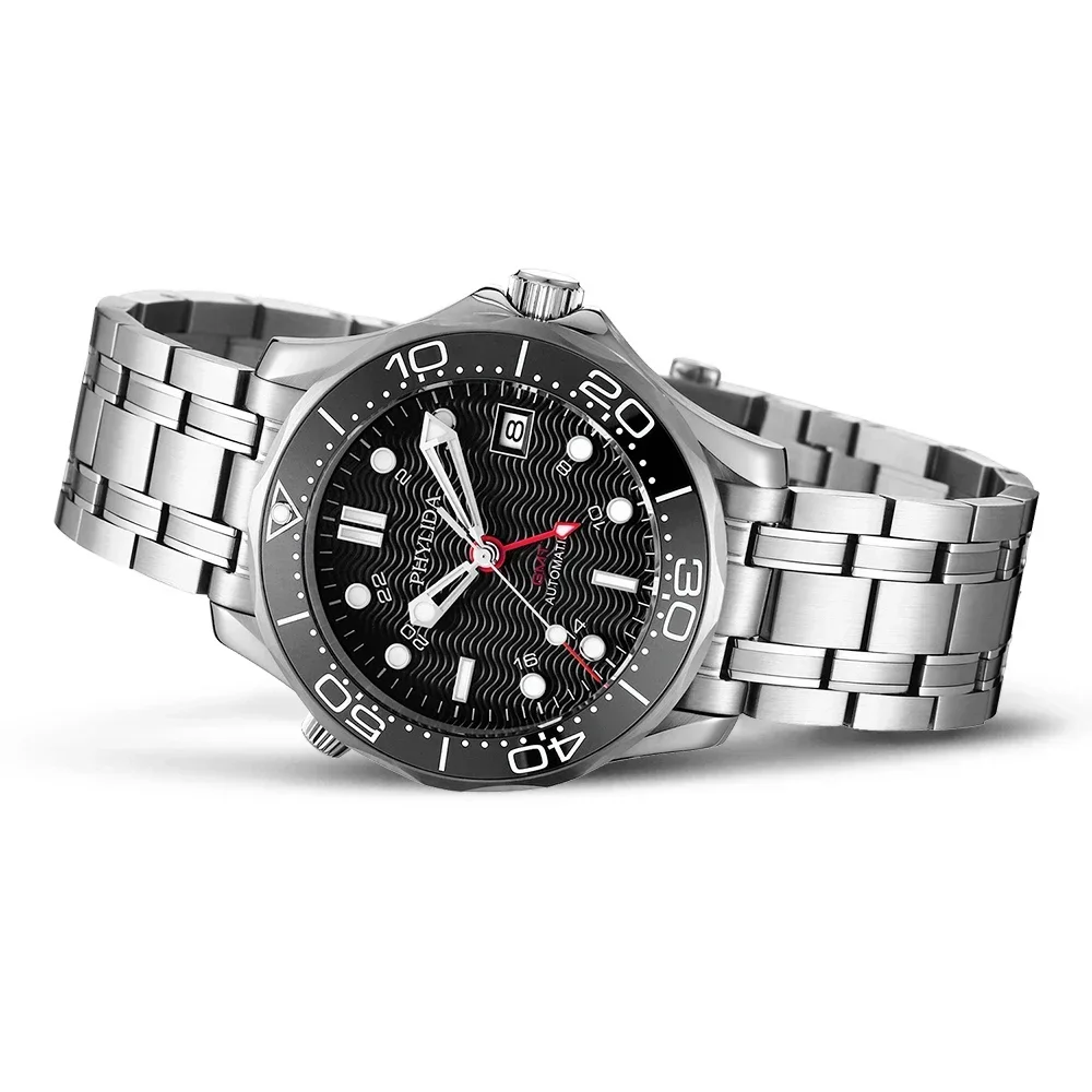 Men's stainless steel diver watch with black dial, wave pattern, and rotating bezel.