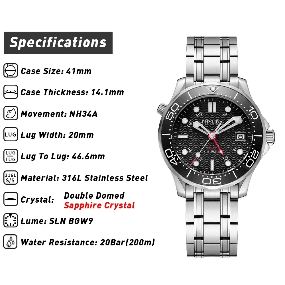Stainless steel dive watch featuring a double domed sapphire crystal and 20 Bar water resistance. Pe.