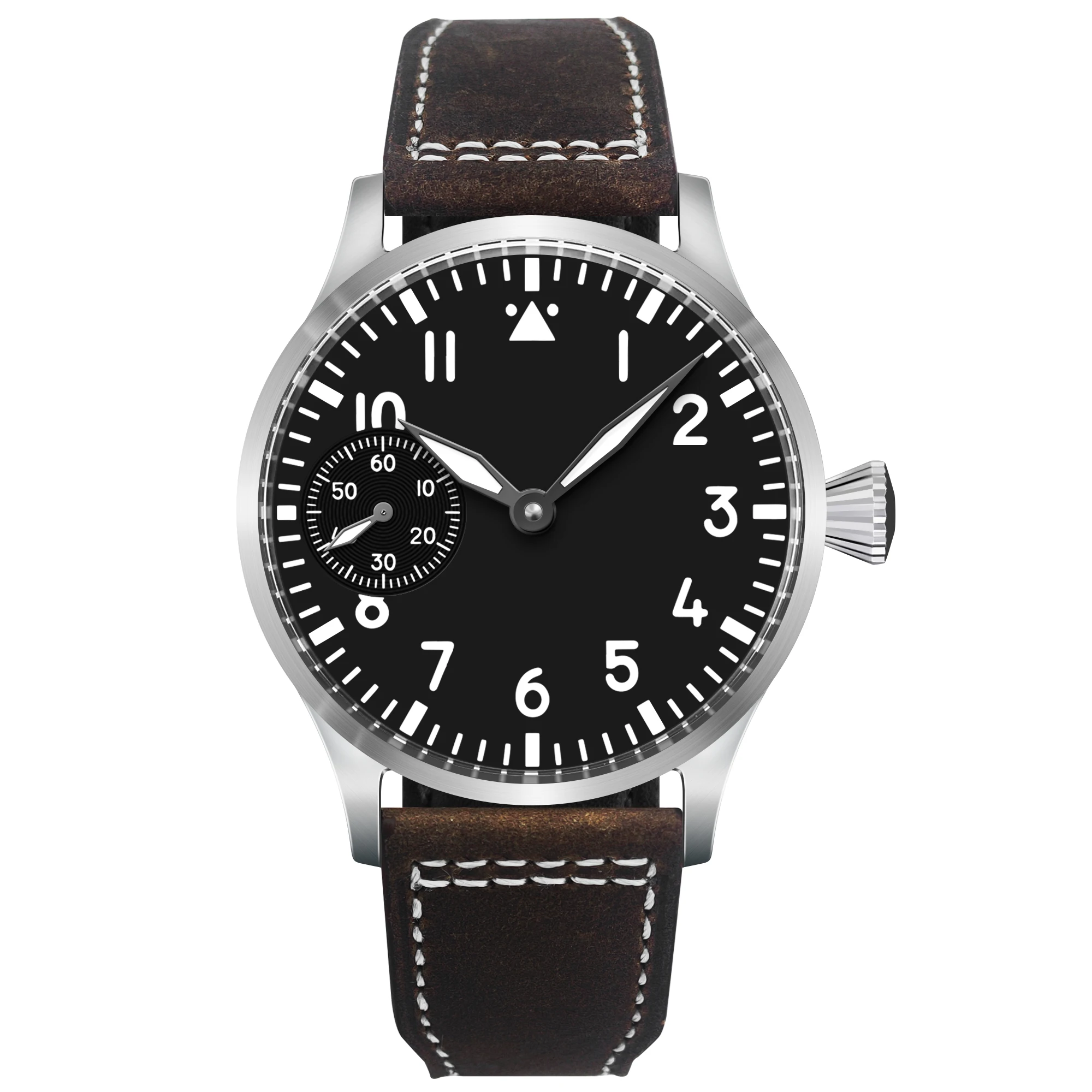 Elegant pilot watch featuring a black dial and brown leather strap. Perfect for aviation enthusiasts.