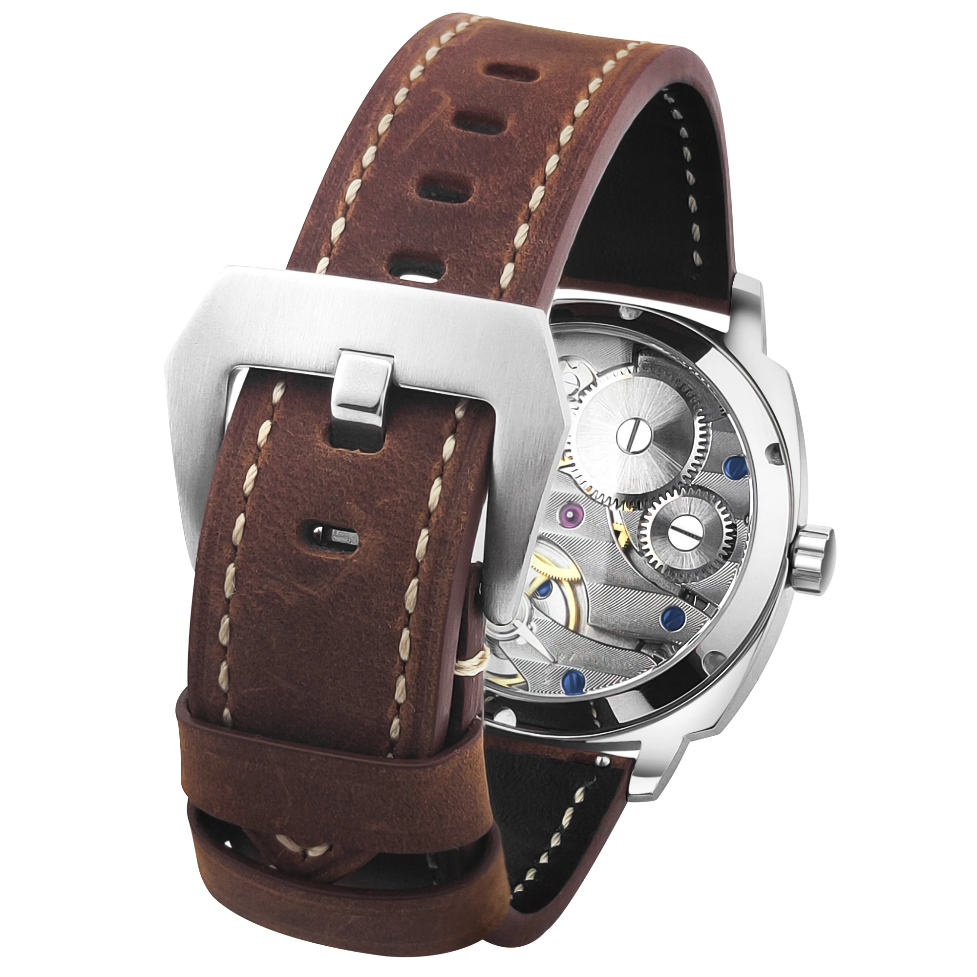Luxury skeleton watch with brown leather strap and silver case, showcasing intricate mechanical move.