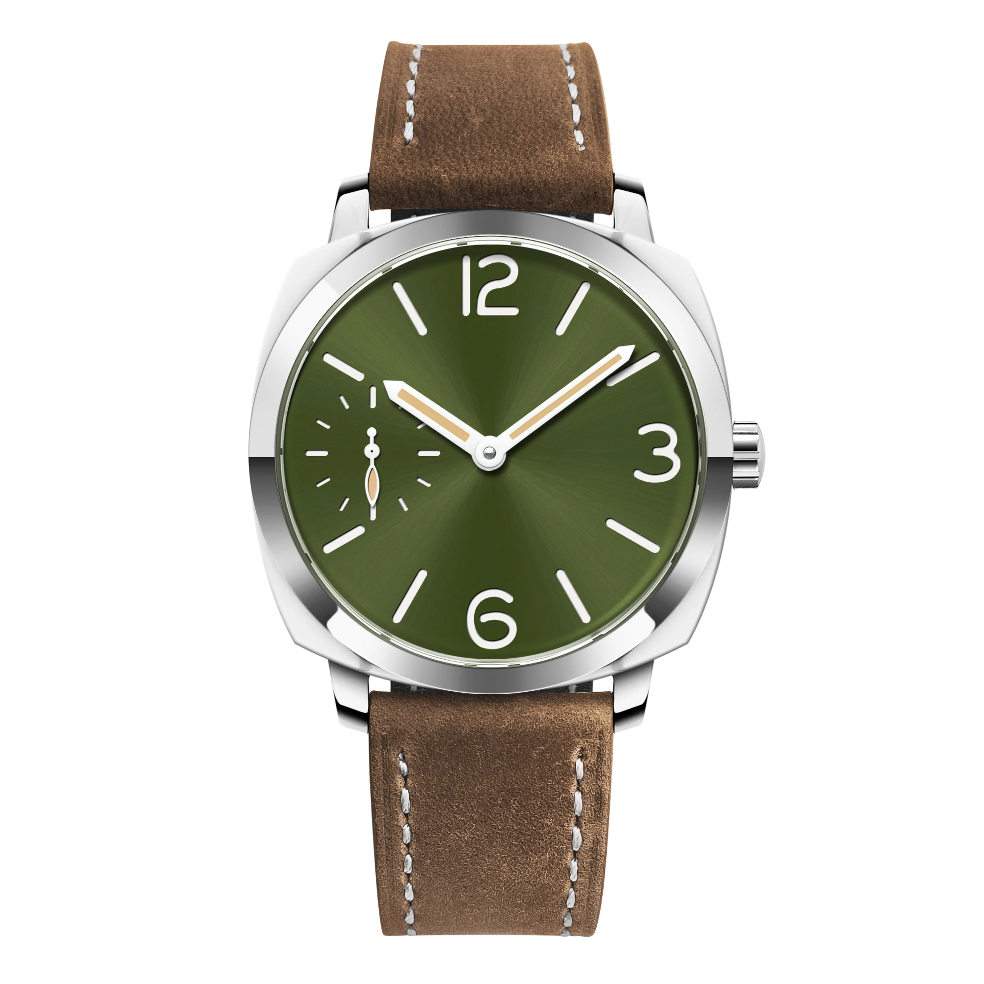 Men's watch with green dial and brown leather strap.