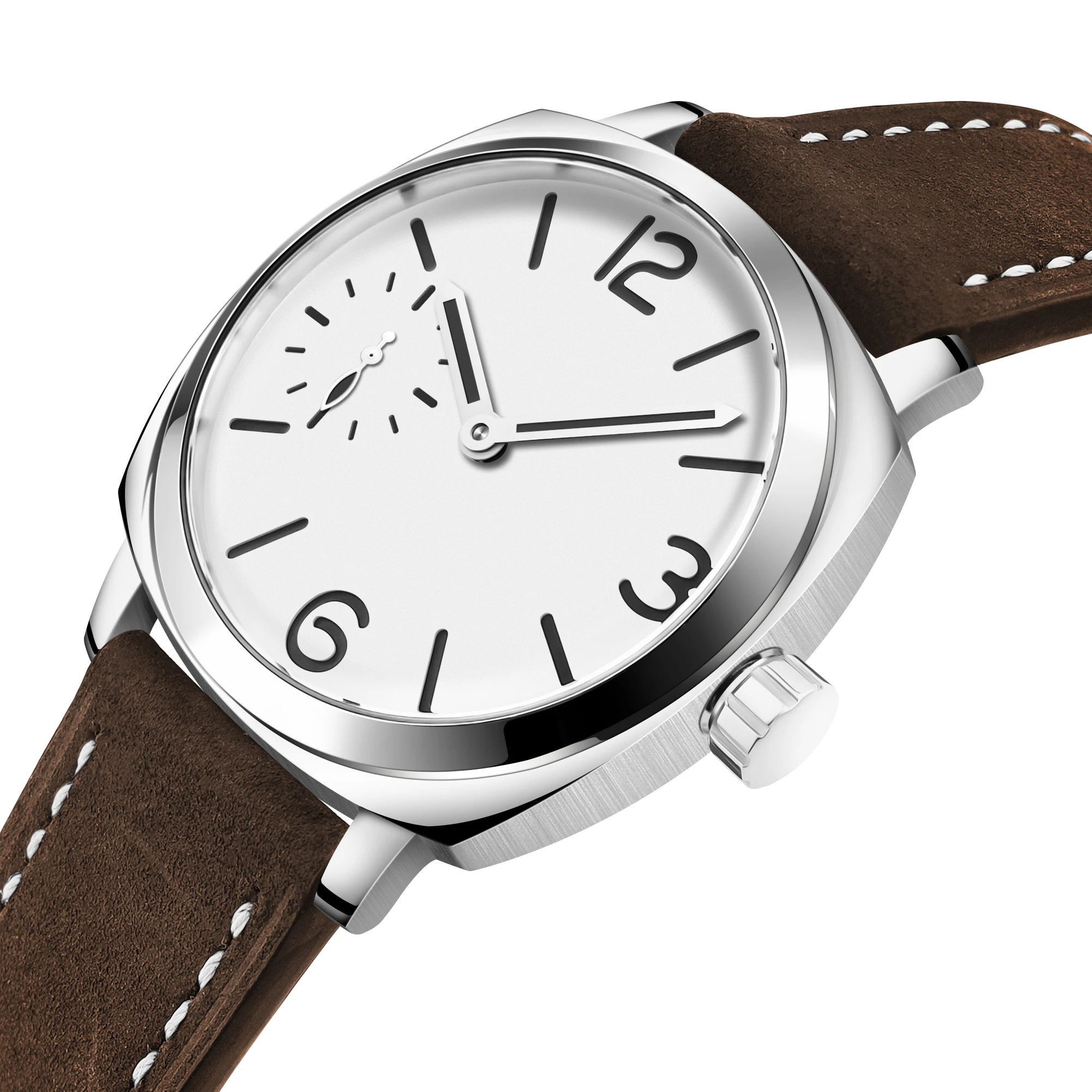 Elegant men's wristwatch with white dial and brown leather strap.