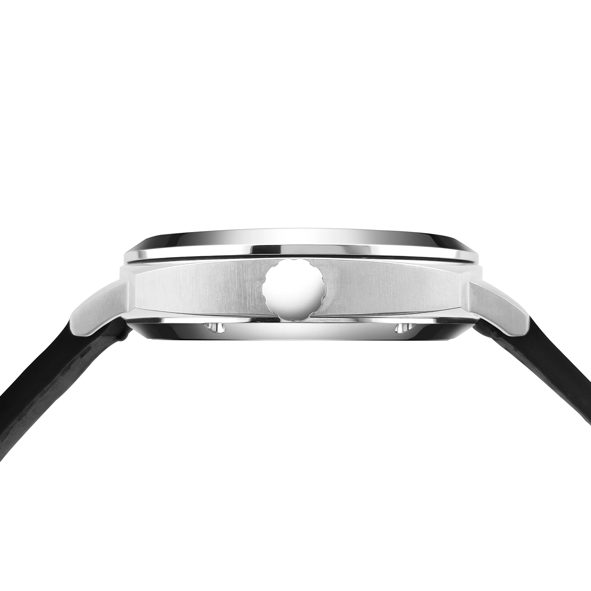 Silver watch with black strap, minimalist design, side view.