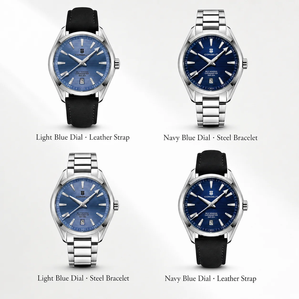 Elegant light blue dial watch with leather strap, perfect for casual or formal wear.