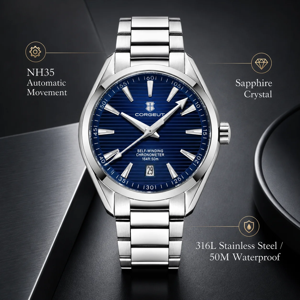 Men's stainless steel wristwatch with blue dial and sapphire crystal.
