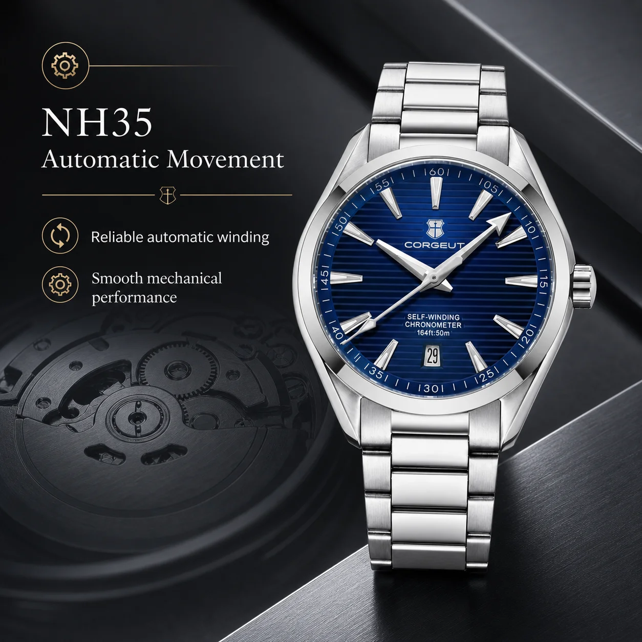 Automatic movement men's watch with blue dial and stainless steel band. Reliable automatic winding a.