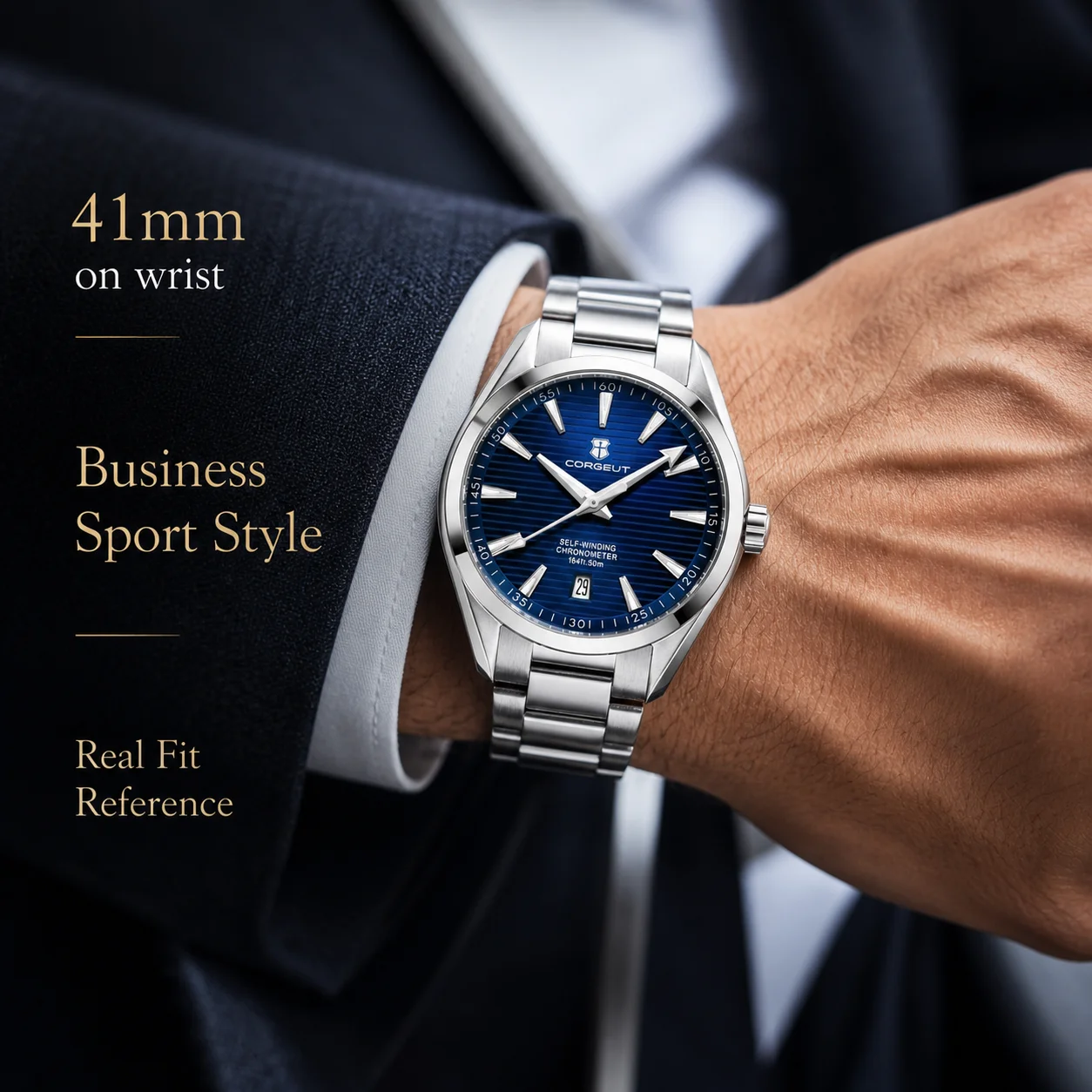 Men's silver wristwatch with blue dial, 41mm, perfect for business and sport styles.