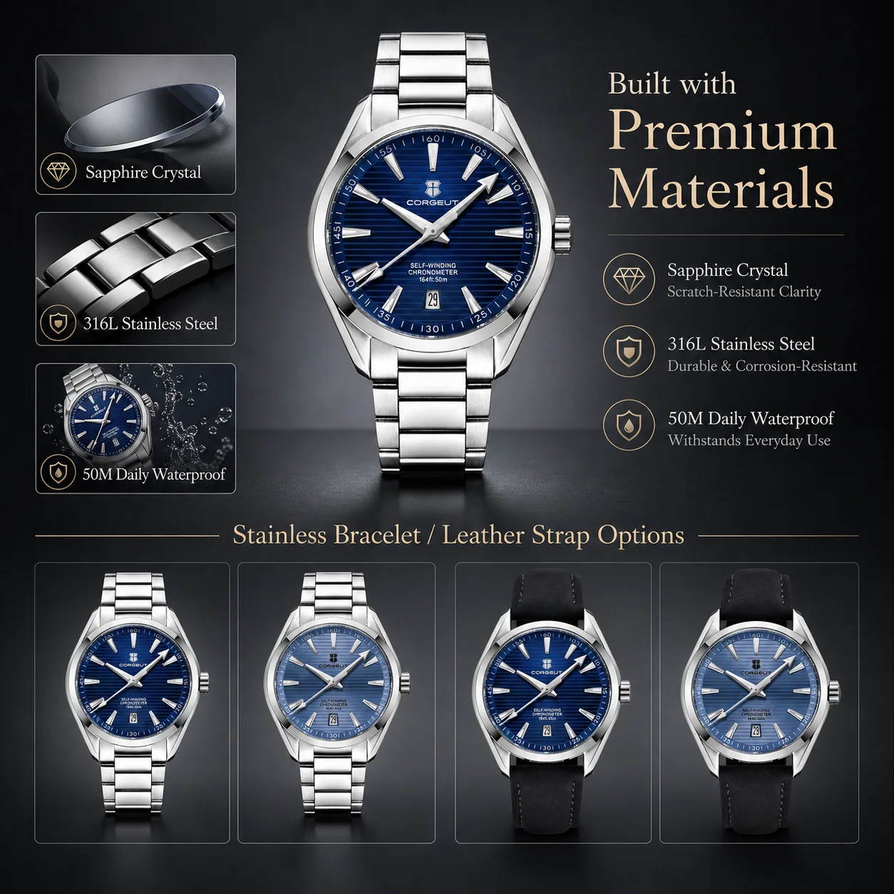 Men's watch with sapphire crystal, stainless steel, and waterproof features.