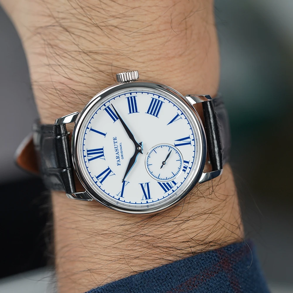 Men's wristwatch with Roman numerals and leather band for classic style.