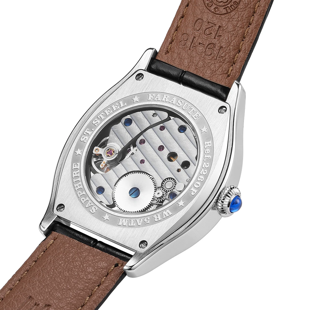 Elegant mechanical wristwatch with visible gears and leather strap.