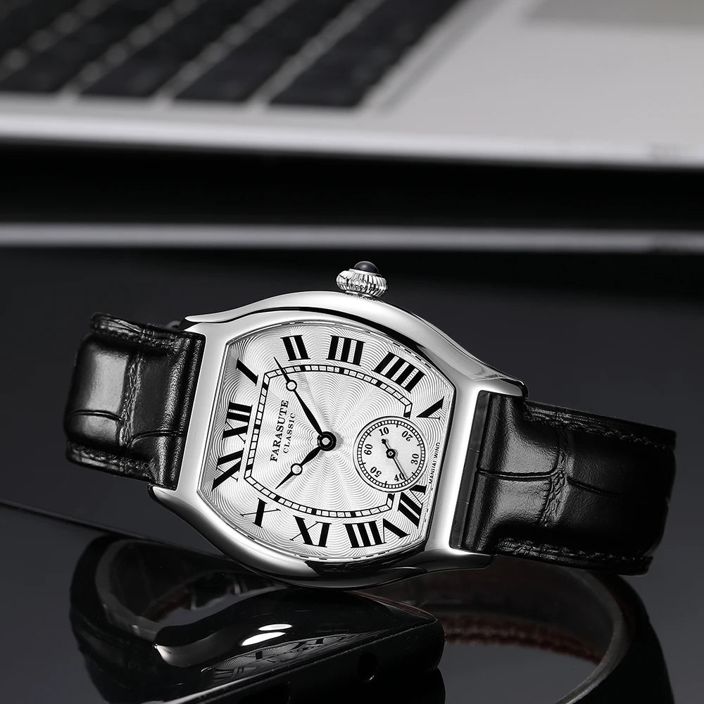 Luxury black leather wristwatch with silver Roman numeral dial and small seconds subdial.