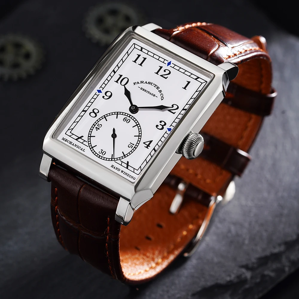 Luxury men's rectangular wristwatch with leather strap and precise time display.