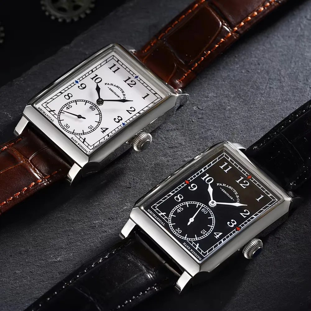 Rectangular wristwatch with leather strap and classic dial design.